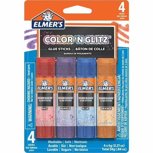 Elmer's Glue Stick, Color 'N Glitz, 0.21 oz, Assorted, Washable, Non-Toxic, Dries Clear, 4/PK