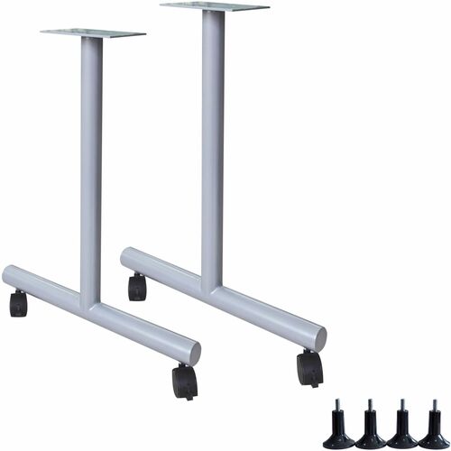 Lorell Table Base, Training, Invent Series, T-Shaped, 5" W x 22" D x 28.5" H, Silver, 2 Legs, 4 Casters (2 Locking), 2/Set