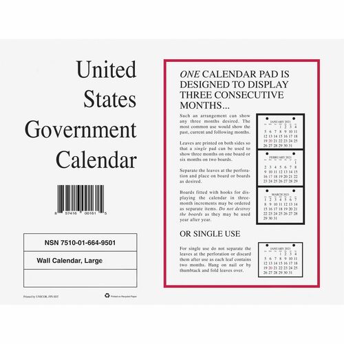 Unicor Monthly Wall Calendar - Monthly - 2025 - 2025 - Wall Mount - White - Perforated, Foldable, Three Month Calendar - 10 / Pack