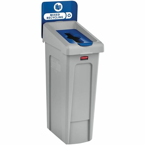 Rubbermaid Commercial, Recycling Container, Slim Jim, 1-Stream Mixed Recycling, 23 gal, Resin, Gray/Blue, 12" x 15.2" x 40.2"