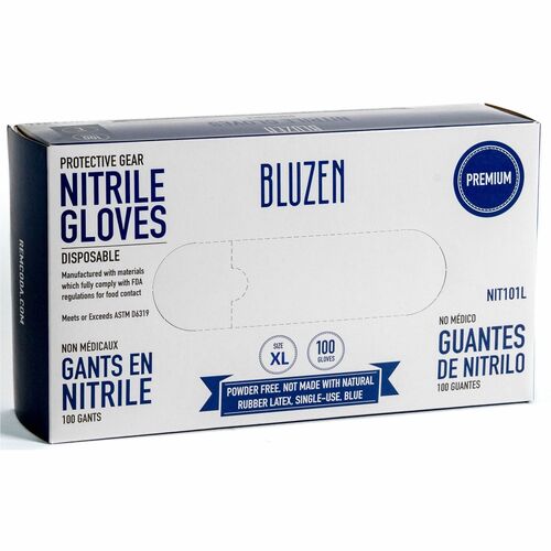 BLUZEN Extra-Strength Nitrile Gloves - 4 mil Thickness - Chemical Protection - X-Large Size - For Right/Left Hand - Nitrile - Blue - Durable, Comfortable, Extra Strength, Snug Fit, Chemical Resistant - 100/Box - 10 / Carton