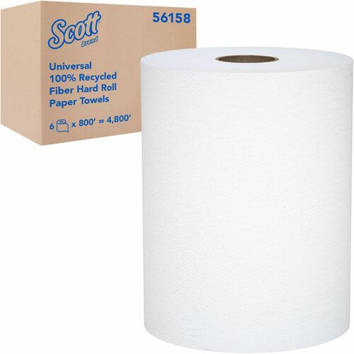 Scott Universal Hard Roll Paper Towels, 100% Recycled Fiber, 8" x 800 ft, 1-1/2" Core, White, 6/CT