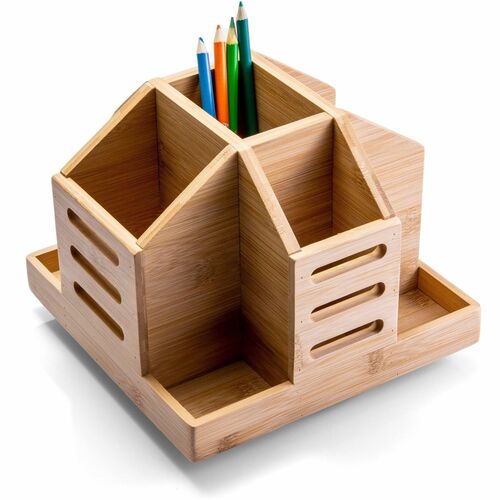 Officemate Desktop Organizer, 9-Compartment Rotary, Bamboo, Natural Wood Grain, 13" x 8.8" x 6.3"