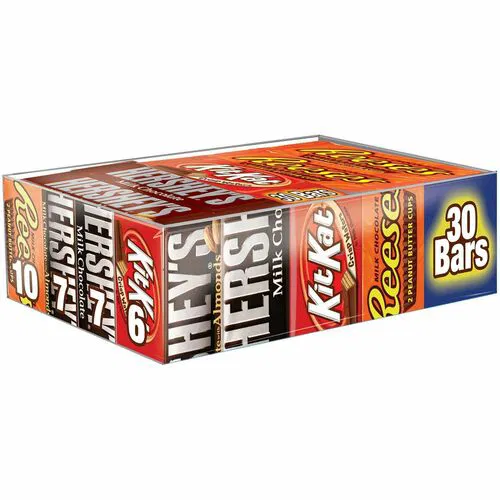 Hershey Chocolate Assortment, Candy Bar Box, Includes 7 Milk Chocolate, 7 Milk Chocolate With Almonds, 6 Kit Kat, 10 Reeses, 2.81 lb, 30/CT