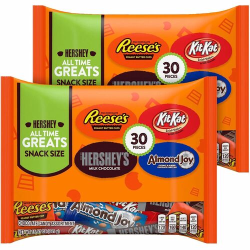 Hershey Chocolate Assortment, Individually Wrapped Bars, Milk Chocolate, Peanut Butter, 15.92 oz, 30/Bag, 2/CT