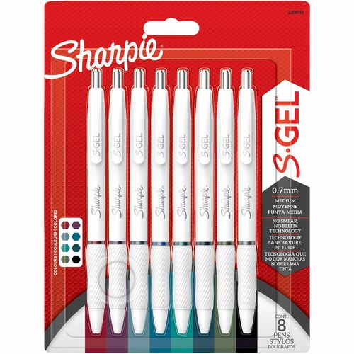 Sharpie Pen, S-Gel, 0.7 mm Gel Ink, Assorted, Rubber Grip, Smear-Free, 8/PK