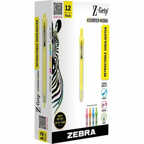 Zebra Pen Highlighters, Z-Grip, Retractable Chisel Tip, Assorted Neon, Non-Toxic Dry-Resistant Ink, Metal Clip, 12/PK