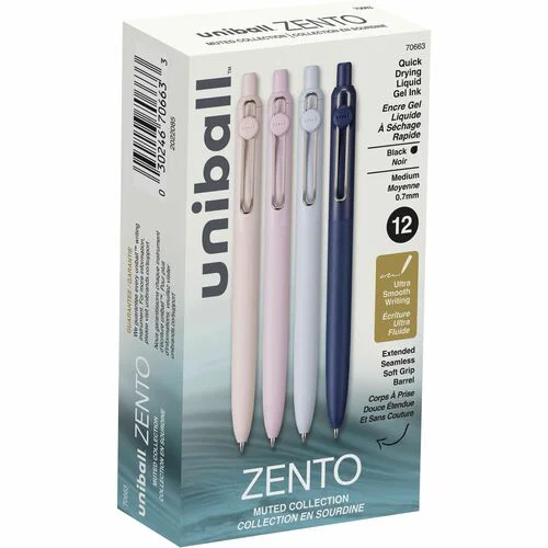 Uni-ball Zento Gel Pens, Retractable, 0.7 mm Medium, Liquid Gel Ink, Black, Soft Grip, 76% Recycled Barrel, 12/PK