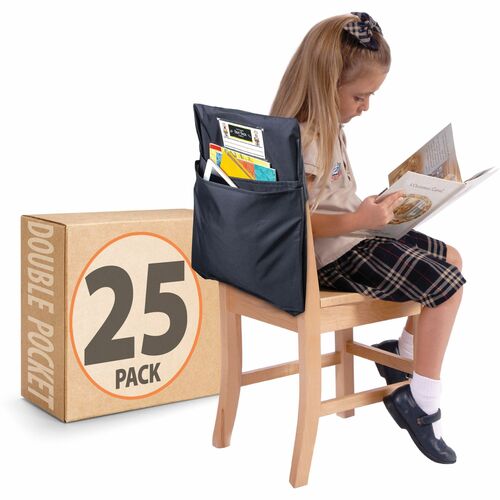 Seat Sack Classroom Pack 2-Pocket - 2 Pocket(s) - 2 Compartment(s) - 17" Width x 2" Depth - Chair - Washable, Durable, Laminated - Black - Poly Cotton - 25/Pack - 1 / Carton