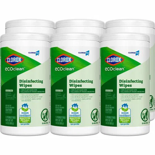 Clorox Disinfectant Wipes, EcoClean, 75/Tub, Plant-Based Cloth, Dye-Free, EPA Safer Choice, Green, 6/CT
