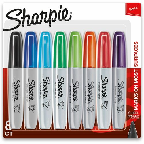 Sharpie Permanent Markers, Chisel Tip, Assorted Colors, Alcohol-Based Quick-Drying Ink, Anti-Roll Barrel, Non-Toxic, 8/PK