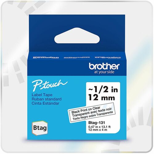 Brother P-touch BTAG-131 Black on Clear Label Tape - x 15/32" Width x 13 1/8 ft Length - Black on Clear - Water Resistant - Temperature Resistant, Fade Resistant, Dishwasher Safe, Freezer Safe, Microwave Safe, Easy Peel, Removable, Household Liquid Resist