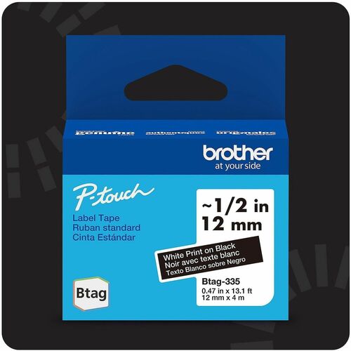 Brother P-touch BTAG-335 White on Black Label Tape - x 15/32" Width x 13 1/8 ft Length - White on Black - Water Resistant - Temperature Resistant, Fade Resistant, Dishwasher Safe, Freezer Safe, Microwave Safe, Easy Peel, Removable, Household Liquid Resist