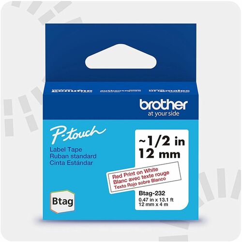 Brother P-touch BTAG-232 Red on White Label Tape - x 15/32" Width x 13 1/8 ft Length - Red On White - Water Resistant - Temperature Resistant, Fade Resistant, Dishwasher Safe, Freezer Safe, Microwave Safe, Easy Peel, Removable, Household Liquid Resistant