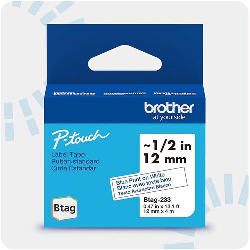 Brother P-touch BTAG-233 Blue on White Label Tape - x 15/32" Width x 13 1/8 ft Length - Blue on White - Water Resistant - Temperature Resistant, Fade Resistant, Dishwasher Safe, Freezer Safe, Microwave Safe, Easy Peel, Removable, Household Liquid Resistan