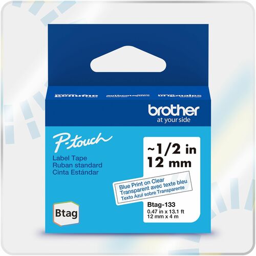 Brother P-touch BTAG-133 Blue on Clear Label Tape - x 15/32" Width x 13 1/8 ft Length - Clear - Water Resistant - Temperature Resistant, Fade Resistant, Dishwasher Safe, Freezer Safe, Microwave Safe, Easy Peel, Removable, Household Liquid Resistant - 1 Ea