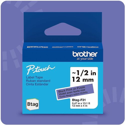 Brother P-touch BTAG-F31 Black on Purple Label Tape - x 15/32" Width x 13 1/8 ft Length - Purple - Water Resistant - Temperature Resistant, Fade Resistant, Dishwasher Safe, Freezer Safe, Microwave Safe, Easy Peel, Removable, Household Liquid Resistant - 1