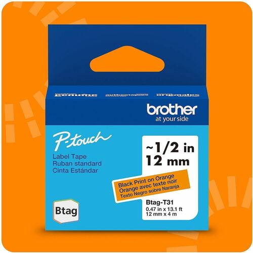 Brother P-touch BTAG-T31 Black on Orange Label Tape - x 15/32" Width x 13 1/8 ft Length - Orange - Water Resistant - Temperature Resistant, Fade Resistant, Dishwasher Safe, Freezer Safe, Microwave Safe, Easy Peel, Removable, Household Liquid Resistant - 1