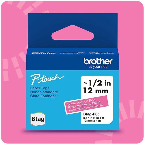 Brother P-touch BTAG-P35 White on Pink Label Tape - x 15/32" Width x 13 1/8 ft Length - Pink - Water Resistant - Temperature Resistant, Fade Resistant, Dishwasher Safe, Freezer Safe, Microwave Safe, Easy Peel, Removable, Household Liquid Resistant - 1 Eac