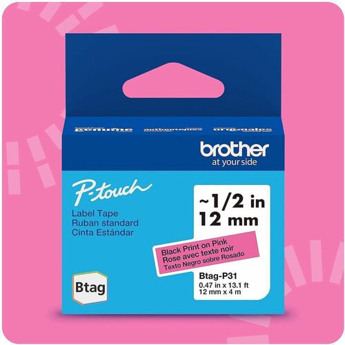 Brother P-touch BTAG-P31 Black on Pink Label Tape - x 15/32" Width x 13 1/8 ft Length - Black on Pink - Water Resistant - Temperature Resistant, Fade Resistant, Dishwasher Safe, Freezer Safe, Microwave Safe, Easy Peel, Removable, Household Liquid Resistan