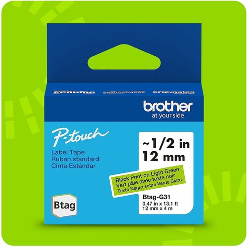 Brother P-touch BTAG-G31 Black on Light Green Label Tape - x 15/32" Width x 13 1/8 ft Length - Light Green - Water Resistant - Temperature Resistant, Fade Resistant, Dishwasher Safe, Freezer Safe, Microwave Safe, Easy Peel, Removable, Household Liquid Res