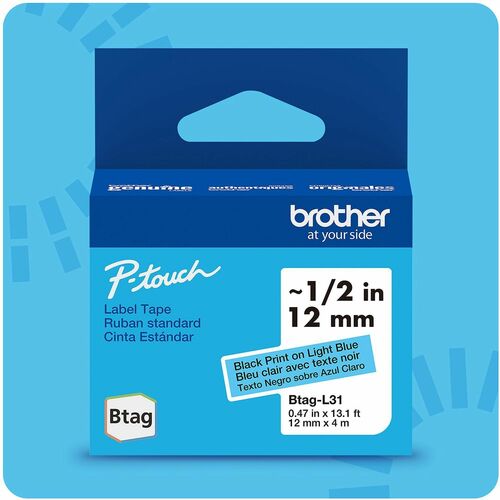 Brother P-touch BTAG-L31 Black on Light Blue Label Tape - x 15/32" Width x 13 1/8 ft Length - Black on Light Blue - Water Resistant - Temperature Resistant, Fade Resistant, Dishwasher Safe, Freezer Safe, Microwave Safe, Easy Peel, Removable, Household Liq