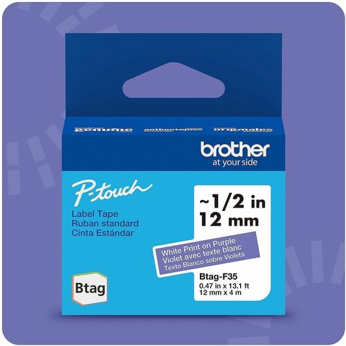 Brother P-touch BTAG-F35 White on Purple Label Tape - x 15/32" Width x 13 1/8 ft Length - Purple - Water Resistant - Temperature Resistant, Fade Resistant, Dishwasher Safe, Freezer Safe, Microwave Safe, Easy Peel, Removable, Household Liquid Resistant - 1