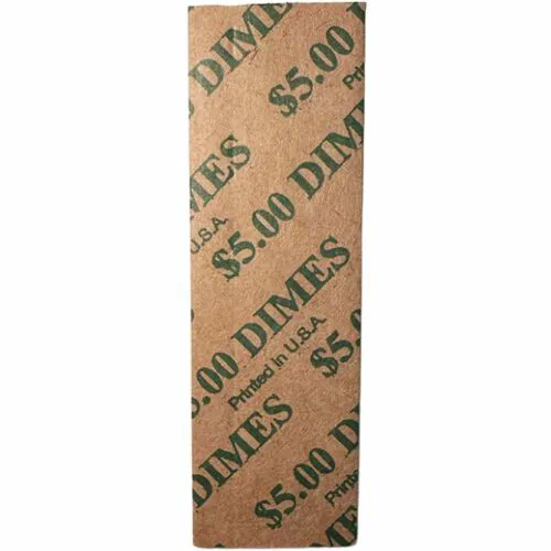 ControlTek Flat Tubular Coin Wrappers for Quarters - 50 Coins of 10¢ Denomination - Durable, Crimped, Pre-printed, Heavy Duty - Kraft Paper - Green - 1000 / Box