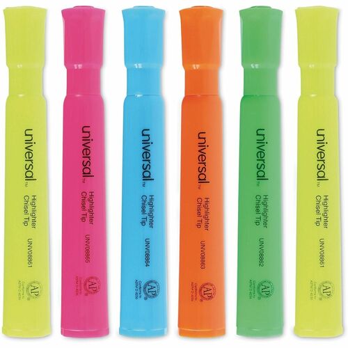 Universal Highlighter, Chisel Tip, Assorted Fluorescent Colors, Smooth Barrel, Large Cap, 12/PK