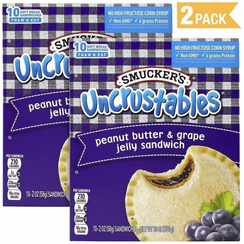 Smucker Uncrustables Sandwiches, 20-Count, Peanut Butter and Grape, Crustless Wheat Bread, No High Fructose Corn Syrup