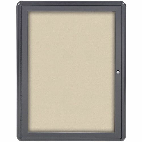 Ghent Ovation Enclosed Bulletin Board, 36" W x 26" H, Beige Fabric, Gray Aluminum Frame, Locking Hinged Door, 2 Keys