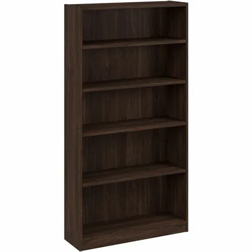 Bush Business Furniture Vista Bookcase, 37" W x 12" D x 71" H, 5 Shelves (3 Adjustable), 250 lb Capacity, Black Walnut Laminate