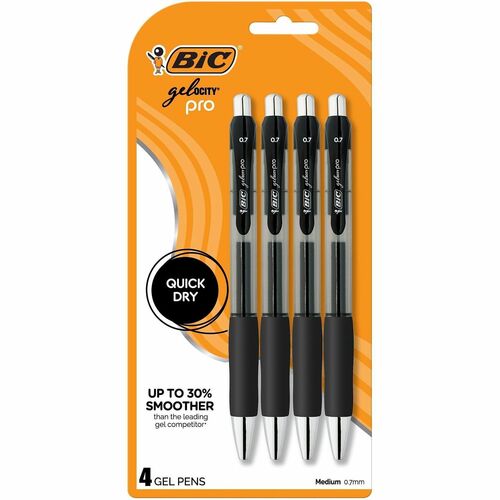 BIC Gelocity Pro Gel Pen - 0.7 mm Medium Pen Point - Retractable - Black Ink - Gel-based - Round Barrel - 4 / Pack