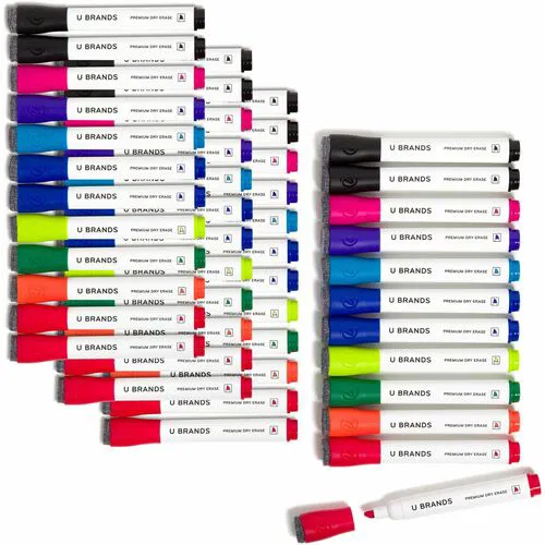 U Brands Dry Erase Marker, 5 mm Bold Chisel Tip, Assorted Ink, White Barrel, Built-In Felt Eraser Cap, 48/PK