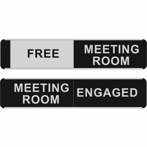 Seco Safety Sign, Door-Mount, Meeting Room, 10" W x 2" H, Aluminum/PVC, Black/Silver, Free/Engaged Slider, Self-Adhesive