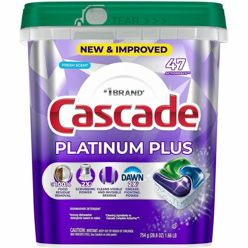 Cascade Dishwashing Detergent, Platinum Plus ActionPacs, Fresh Scent, Enzyme-Activated, Phosphate-Free, 47/PK