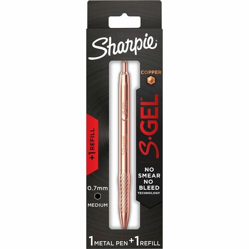 Sharpie S-Gel Pens - 0.7 mm Medium Pen Point - Refillable - Black Ink - Copper Plated Brass Metal Alloy Barrel - 1 / Pack