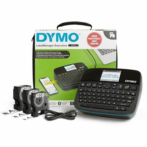 Dymo LabelManager Executive 640 CB Kits - Thermal Transfer - 0.79 in/s Mono - Tape - 0.24" , 0.35" , 0.47" , 0.75" , 0.94" - 1" Screen - Battery - Lithium Ion (Li-Ion) - Battery Included - Black - Handheld - Handheld, PC, Mac - Ergonomic Design - for Offi
