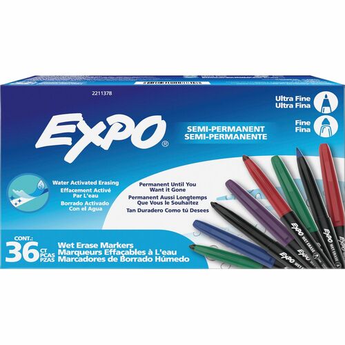 Expo Wet-Erase Markers, Fine/Ultra-Fine Tips, Assorted Ink, Wipes Clean, 36/PK