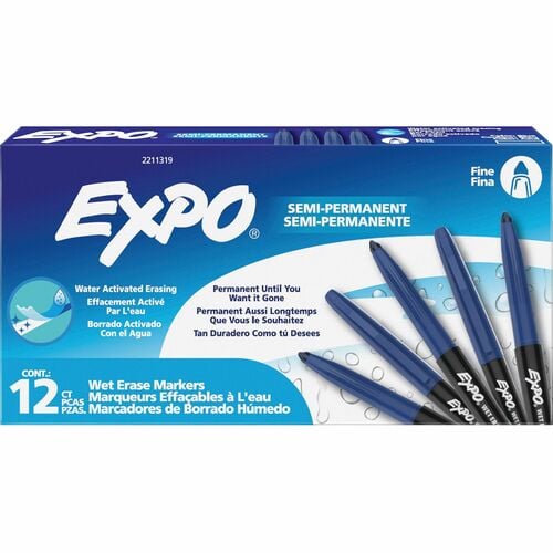 Expo, Wet-Erase Marker, Fine Marker Point, Blue Ink, Wipes Clean, 12/PK