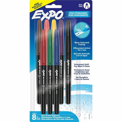 Expo Wet-Erase Markers, Fine Point, Assorted Ink, Water-Erasable, 8/PK