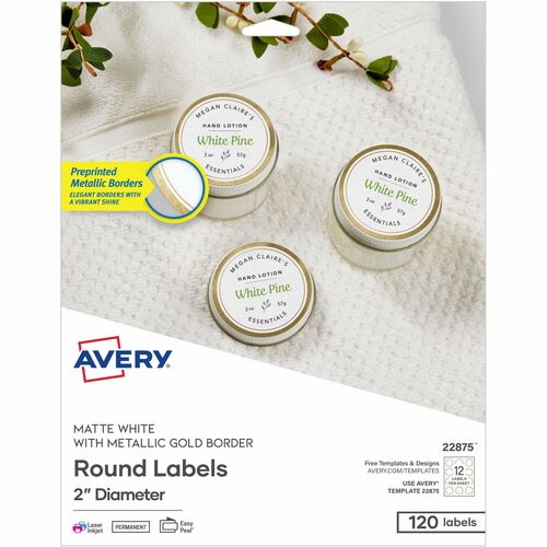 Avery Multipurpose Round Labels, 2" Diameter, Gold Border, White Paper, Permanent Adhesive, Matte, Laser/Inkjet, Easy Peel, 120/PK