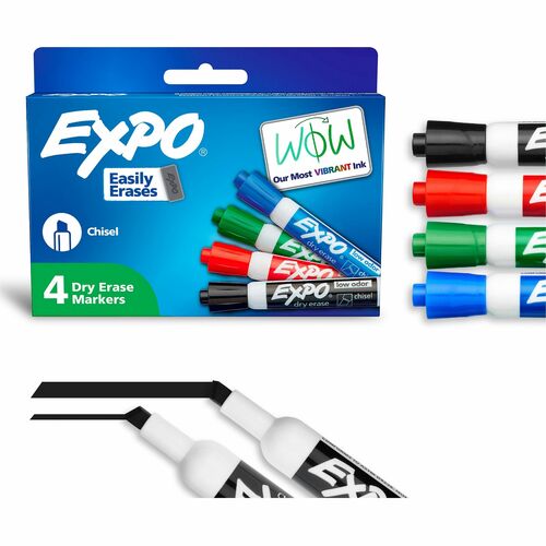 Expo Dry Erase Markers, Chisel Tip, Assorted Ink, Low-Odor, Erasable, for Whiteboard, Glass, 4/SET