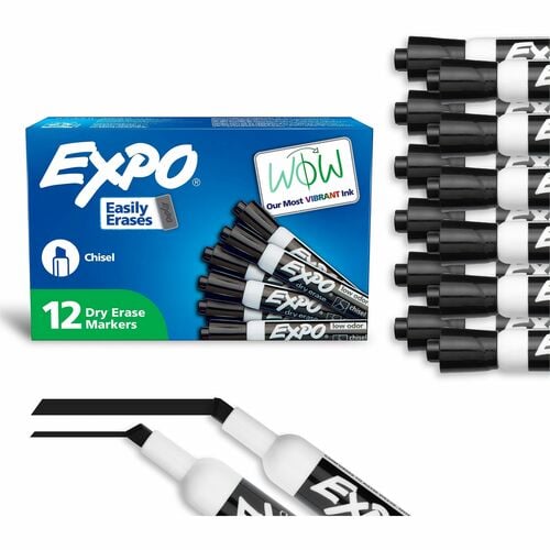 Expo Dry Erase Markers, Chisel Tip, Black Ink, Low-Odor, Erasable, for Whiteboards, Glass, Acrylic, 12/PK