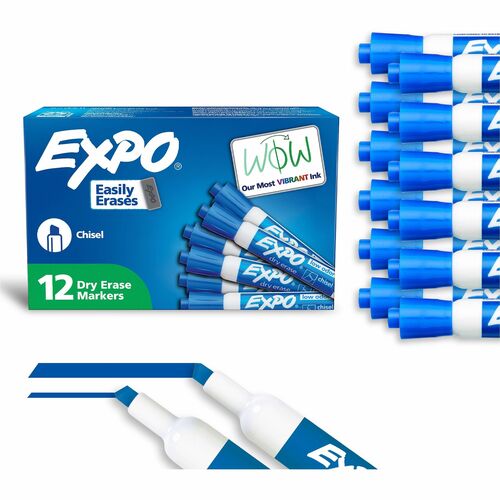 Expo Dry Erase Markers, Chisel Tip, Blue Ink, Low-Odor, Erasable, 12/PK