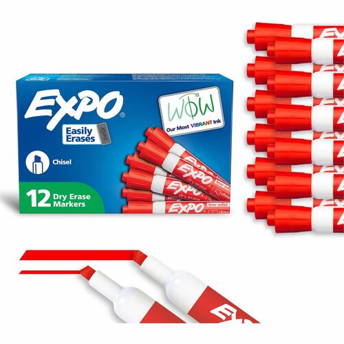 Expo Dry Erase Markers, Chisel Tip, Red Ink, Low-Odor, Erasable, 12/PK