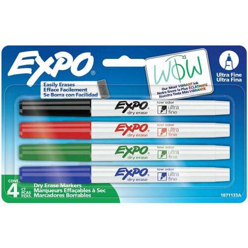 Expo Dry Erase Markers, Ultra-Fine Tip, Assorted Colors, Low-Odor Alcohol-Based Ink, Quick-Drying, 4/SET