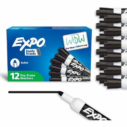 Expo Dry-Erase Markers, Bold Color, Bullet Tip, Black Ink, Low-Odor, Erasable, 12/PK