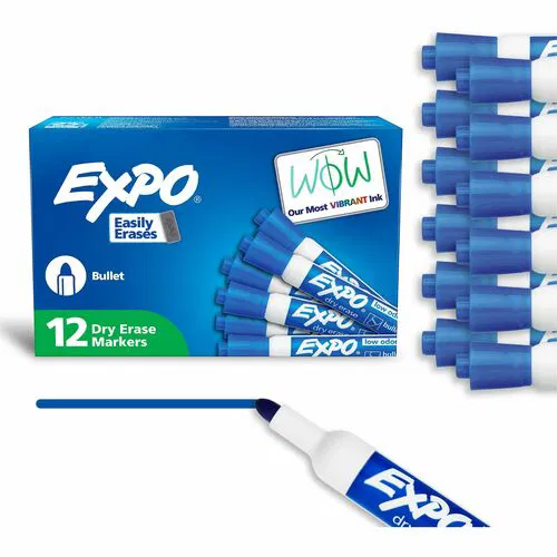 Expo Dry-Erase Markers, Bold Color, Bullet Tip, Blue Ink, Low-Odor, 12/PK