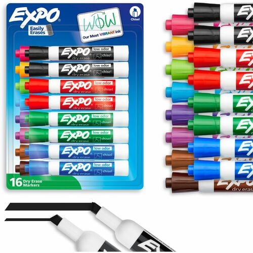 Expo Dry Erase Markers, Chisel Tip, Low-Odor, Assorted Ink, for Whiteboard, Glass, Acrylic, 16/Set